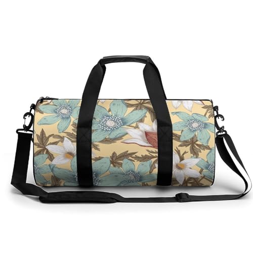 Duffel bag fleurs blanches bleues - Sac de sport cylindrique au motif floral