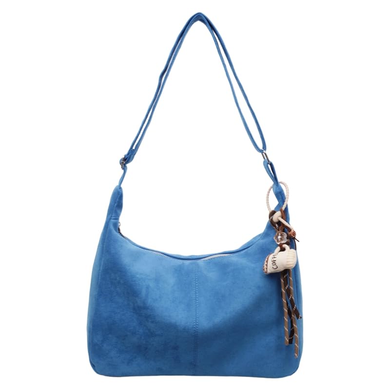 Suede Shoulder Bag for Women, Slouchy Suede Hobo Bag with Cute Pendant, Crescent Crossbody Purse, Top-Handle Tote Handbag