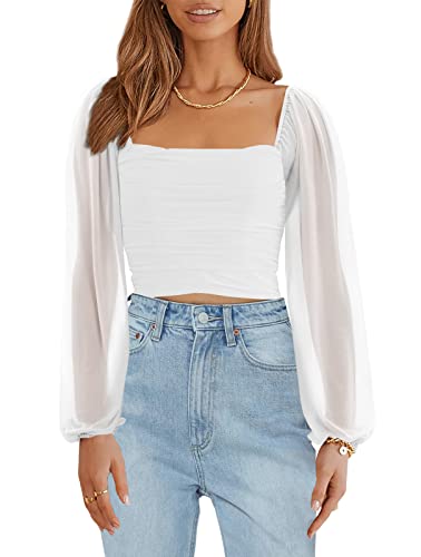 Wenrine Womens Mesh Long Sleeve Crop Tops Night Going Out Square Neck Off The Shoulder Ruched Shirt Blouses Dressy Casual