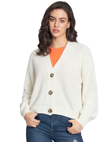 mansicollections NoBarr Women's Cotton Full Sleeve Button Closure V-Neck White Cardigan-picture-13
