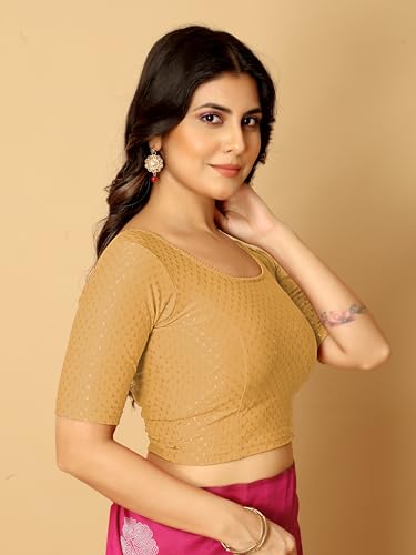 Image of Amazon Brand - Anarva Round Neck Dobby Cotton Lycra Stretchable Elbow Half Sleeve Readymade Saree Blouse for Women Stylish