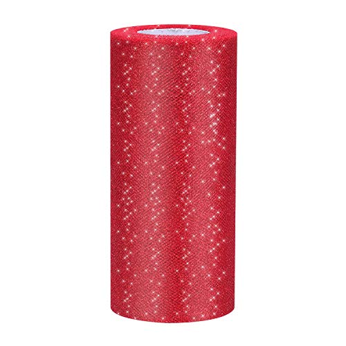 Senkary Glitter Tulle Roll Sparkling Tulle Ribbon Fabric Spool for Wedding Decoration Gift Wrapping, 6 Inch by 25 Yards (Red)