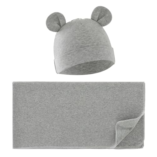Image of Unisex Baby Swaddle Blanket with Hat Set Newborn Swaddle Receiving Blankets Sleep Sack for 0-3 Months Boys Girls