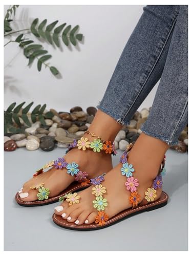 GORGLITTER Women's Flower Colorful Flat Sandals Open Toe Strappy Boho Summer Dressy Slides3