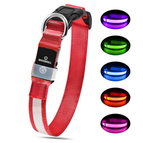 MASBRILL Collare Luminoso per Cani, Collare Cane LED Ricaricabile e Impermeabile, 3 Modalità d'ardore e Misura Regolabile Adatto per Cani di Taglia Piccola Media Grande, Rosso M