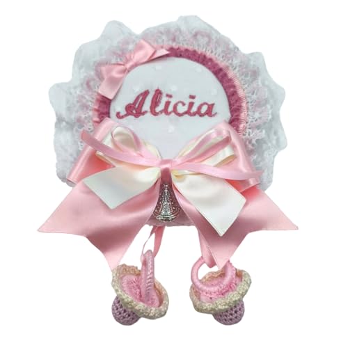 PITA HOME® Broche de Carro cosido a mano para bebés, se personalizada con Nombre y Color, con Medalla de la Virgen del Rocío y dos chupetes