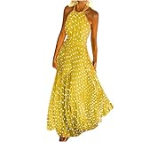 Long Maxi Dresses for Women Summer, Polka Dot Printed Sleeveless Halter Evening Party High Waisted Pleated Boho Dress Yellow, X-Large