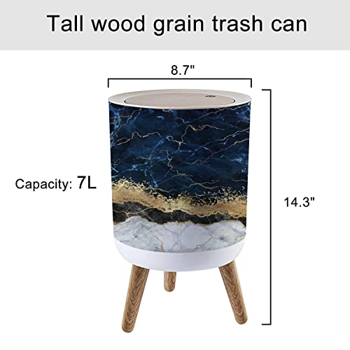 Image of Small Trash Can with Lid abstract white blue marble with golden veins fake stone texture liquid Round Recycle Bin Press Top Dog Proof Wastebasket for Kitchen Bathroom Bedroom Office 7L /1.8 Gallon