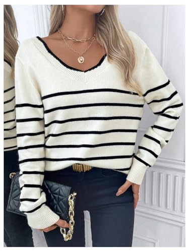 GORGLITTER Women's Striped Bow Sweater Backless V Neck Long Sleeve Pullover2