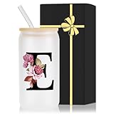 Monogrammed Glass Drinking Cup With Lid Straw Best Female Friend Happy Birthday Ideal Close Women Bf Stuff Bestie Soul Sister Ever Long Distance Personalized Unique Cute Christmas Xmas Gift Present,E