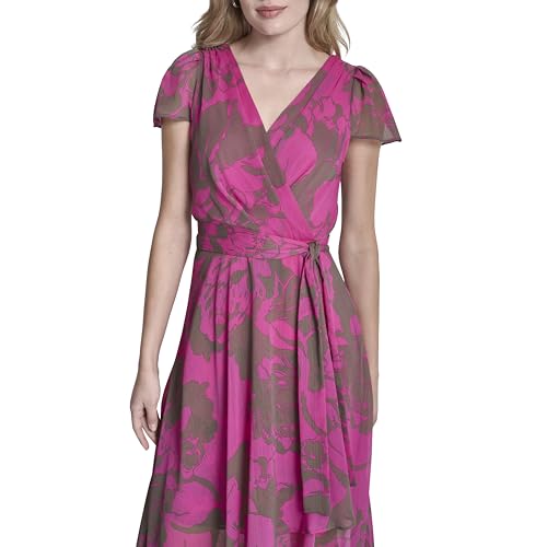 Image of DKNY Women's Flutter Sleeve Surplice Tie Fit & Flare Midi Dress