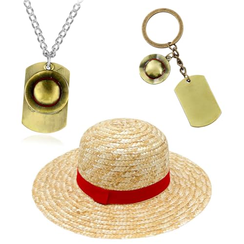 Pirate Straw Hat & Necklace Keychain Set, Summer Beach Sun Protection Hat, Adult Pirate Cap, Cartoon Travel Holiday Cap Cosplay Costume, Bronze Key Ring, Anime Cosplay Fans Gift (Beige 31cm)