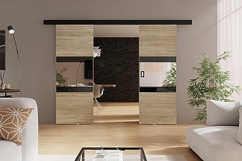 KIER FURNITURE Schiebetüren LUMBA DUO – Schiebetür Komplettset Schiene Komplettset Mit Tür – Zimmertüren Mit Zarge Komplett - B152xH205xT1,6 cm - Sonoma-Eiche
