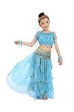 Girls Belly Dance Top Skirt Set Halloween Costume with Head Veil,Waist Chain Blue