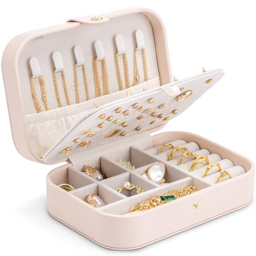 Vlando Travel Jewellery Box,Jewellery Organiser with Earring Holder, Small Jewellery Case for Rings, Necklaces, Bracelets,Earring Organiser,Gifts for Women,Pink