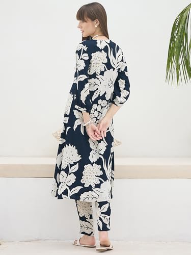 Image of INDO ERA Women's White Pure Cotton Printed Straight Kurta & Pant Set (KS0WH6702)
