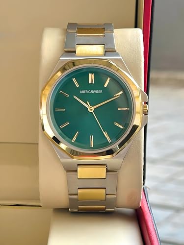 Image of AMERICANVIBER Modern Analog Watch, Silver and Black Two-Tone Stainless Steel Band, Octagonal Case, White Dial for Men