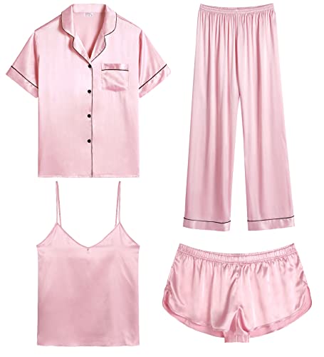 Image of SWOMOG Womens Silk Satin Pajamas Sets 4pcs Sleepwear Sexy Cami Shorts Set and Button Down Short Sleeve Pjs Loungewear