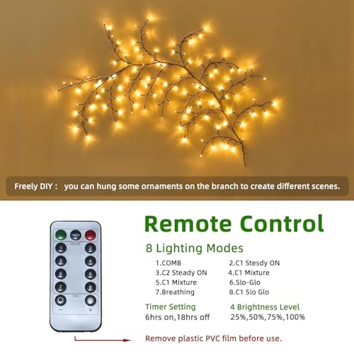 Image of Willow Vine LED Wall Lights for Home Decor, 5.5 Ft USB Powered Artificial Vine String Lights with Remote Control, 8 Lighting Modes, Bendable Branch Design with 10 Clips (72 LED)