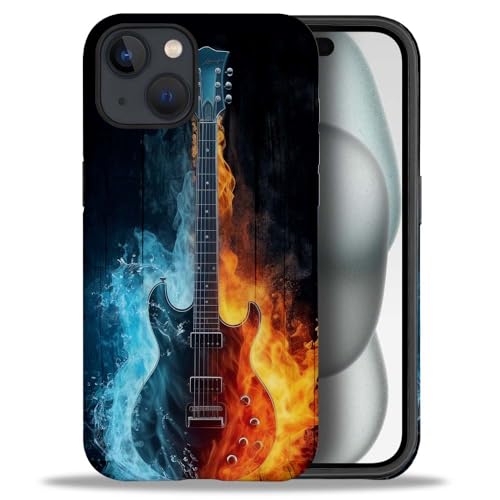 yicomon Compatible with iPhone 15 Case, Music Water and Fire Guitar Pattern Print Matte Phone Case Durable Fashion Funny Liquid Silicone Case Soft Anti-Scratch Shockproof Protective Cover