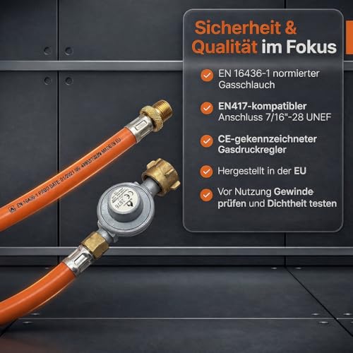 BOGAPRO EN417 Adapter-Schlauch auf Gasflasche mit Gasdruckregler, Umrüstschlauch für Schraubkartuschen-Geräte, 1 m, 7/16-28 UNEF auf 3/8 LH, 1,5 bar 8 kg/h, Schlauch EN 16436-1, inkl. Polybeutel