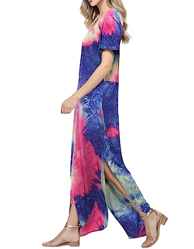 Image of Match Women's V-Neck Casual Loose Short Sleeve Long T-Shirt Dress Split Maxi Dress with Side Pocket