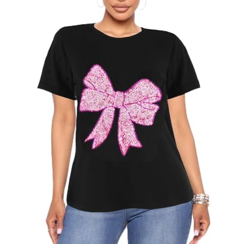 PESION Womens Short Sleeve T-Shirt Sequined Tops O-Neck Funny Graphic Tees Blouse X-Large Black+ Rose Bow