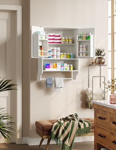 Tatub Farmhouse Bathroom Wall Cabinet, Wall Mounted Wood Medicine Cabinet Over Toilet, Hanging Bathroom Organizer with Behind Door Storage, White