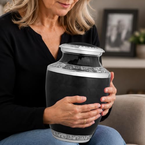 Image of Alpha Living Home Urns for Human Ashes Adult Female and Male 200+ Cubic Inches, Decorative Burial Urn, Funeral Cremation Urns for Women and Men, Handcrafted Urn for Ashes Adult 10 inch Black Silver