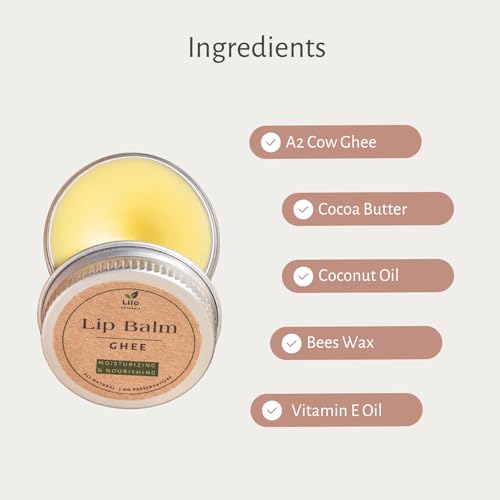 Image of Ghee Lip Balm for Dry, Chapped & Pigmented Lips | A2 Cow Ghee, Cocoa Butter, Coconut Oil & Vitamin E | Deep Nourishment for Cracked & Damaged Lips | All-Natural, Ayurvedic and Chemical Free | 10 g | Pack of 1