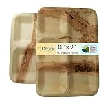Dtocs Compostable 4 Compartment Plates (50 Pcs) Palm Leaf Plate 11x9 Inch School Lunch Tray, Portion