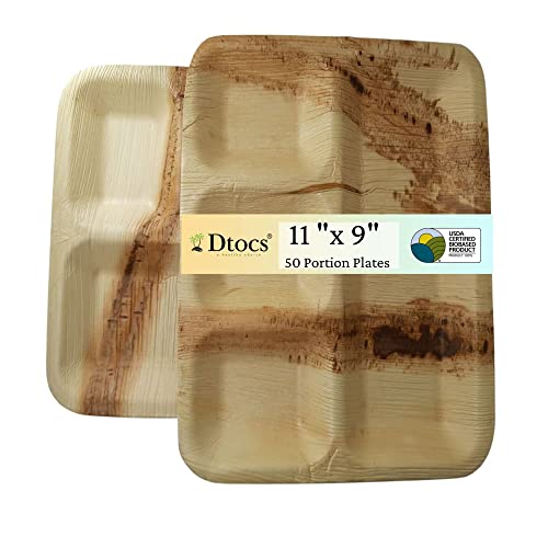 Dtocs Compostable 4 Compartment Plates (50 Pcs) Palm Leaf Plate 11X9 Inch School Lunch Tray, Portion Plates | Bamboo Plate Look 4 Section Plates Sturdy Than Heavy Duty Paper Plates, Styrofoam Plates #TOP27