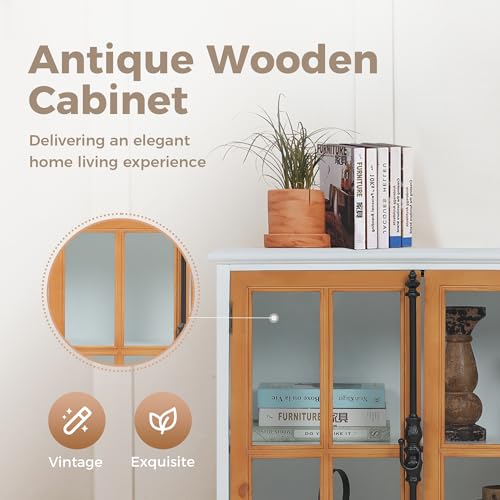 MAISON ARTS Accent Cabinet with 2 Glass Doors, Modern Accent Storage Cabinet with Solid Wood Frame Farmhouse Decorative Cabinet for Living Room Entryway, White - Thumbnail 5