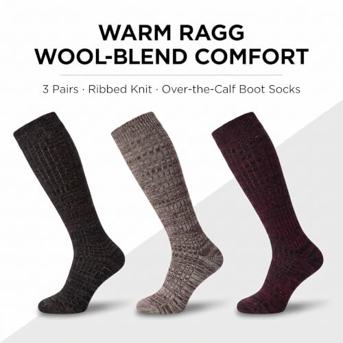 Image of Tipi Toe Women's 3 Pairs Ragg Marled Wool-Blend Boot Socks - Warm Ribbed Over the Calf /Knee High Socks for Winter Comfort