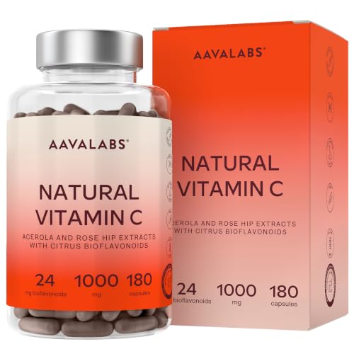 Vitamina C 1000 mg - Vitamina C Natural - Con Flavonoides de Fruta Cítrica y Acerola - por Dosis Diaria (2 cápsulas) - 180 Cápsulas de Vitamina C Pura Altamente Concentrada- Vegano y Sin Gluten