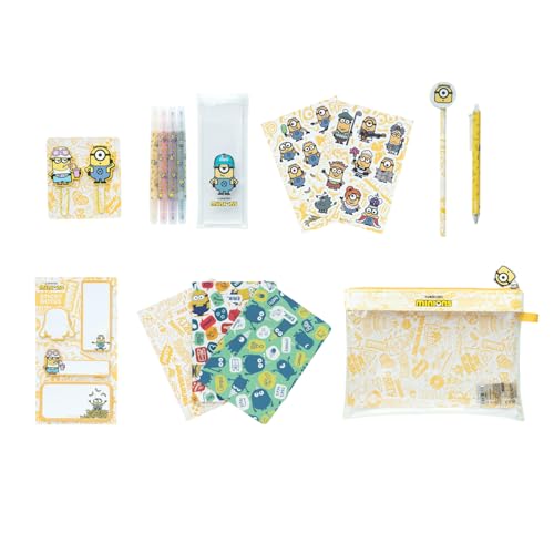 Conjunto de papelaria Minions: Estojo com material escolar, kit de papelaria para crianças para voltar ao Cole GZRD Inclui: Lápis, Boli com borracha, autocolantes, 3 cadetes, clipes, sobremesas e