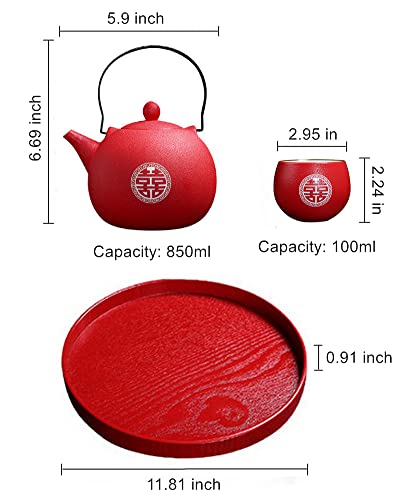 Chinese Traditional Wedding Decoration Red Tea Set, Chinese Kung Fu Tea Set Teapot With 8 Teacups And Tea Board, Red Wedding Porcelain Tea Set, Double Happiness Tea Service Set For Adults Wedding Gift #TOP6