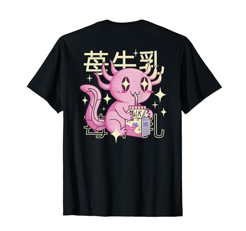 AXOLOTL Fresa Leche Cartón Divertido Meme Japonés EN LA Espalda Camiseta