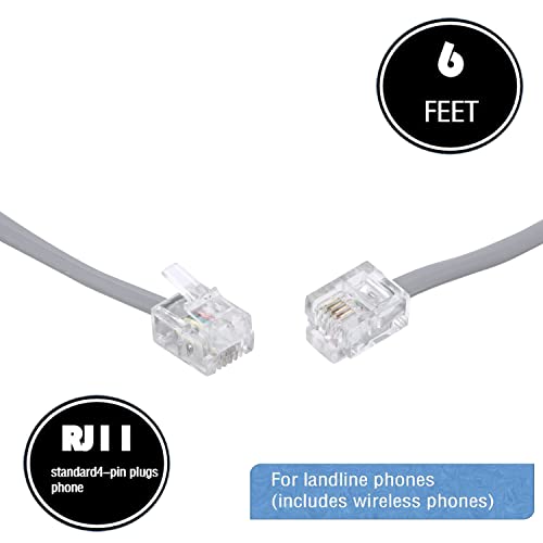 Lansensu 6-Feet Telephone Landline Extension Cord Cable Cord With Standard Rj-11 6P4C Plug (Silver 6-Ft, 3Pack) #TOP1