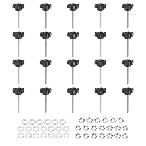 uxcell 20pcs Star Clamping Knobs with Nuts Washers, M4 x 40mm Metric Zinc Plated Carbon Steel Male Thread 25mm 6-Star Plastic Head, Threaded Stud Hand Knobs Handles Thumb Screws, Black