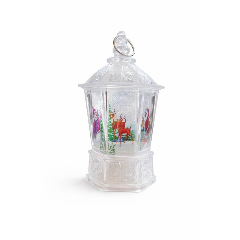 Premium Decorative Christmas LED Lantern - Holiday Lamp with Santa, Reindeer and Snowman Prints - Portable Festive Home and Hall Decor Light - Traditional Xmas Table Centerpiece
