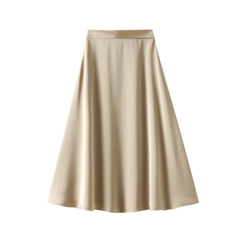 Gonne A Ruota,Gonna Longuette da Donna Gonna A Trapezio A Vita Alta in Raso Beige Cerniera alla Moda Gonne Lunghe Eleganti con Volant Increspato Fluente in Tinta Unita per Ragazze Ladies,S