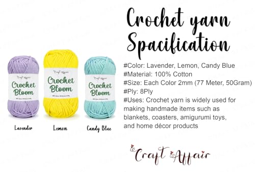 Image of Craft Affair | Crochet Bloom Cotton Yarn 8ply (Each Color 2mm, 77Meter, 50Gram) 100% Pure Cotton | for Knitting Yarn | Craft & DIY Project: Lavender, Lemon, Candy-Blue