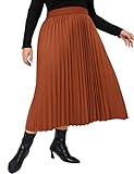KOJOOIN Plus Size Women's Pleated Skirt Elastic Waist Scarf Print Midi Skirt (Caramel, 2XL)