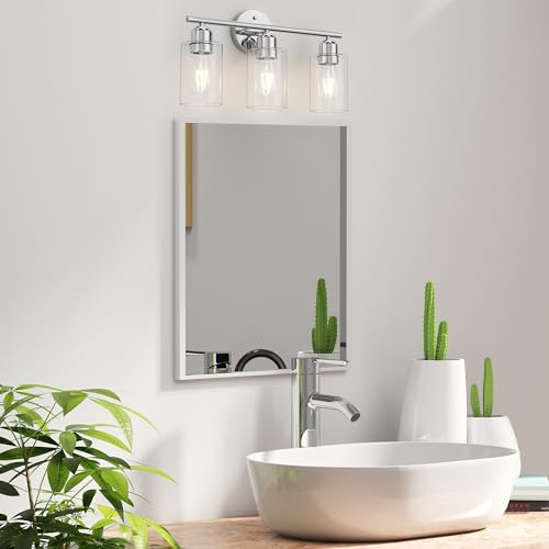 Image of Bathroom Vanity Light Fixtures Polished Chrome Bathroom Lighting Fixture, 3 Lights Bathroom Light Fixture Over Mirror, Modern Black Vanity Light, Wall Sconces with Glass Shades