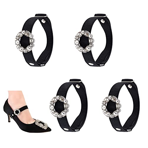 AHANDMAKER 4 correas ajustables para zapatos, correas desmontables para zapatos con dije de flor de diamantes de imitación, correas de tacón alto negras antisueltas, cinturón de encaje para zapatos de