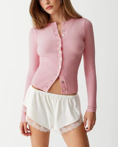 Image of BAIGRAM Women Open Front Button Cropped Cardigan Fall Lightweight Soft Knit Sweaters Long Sleeve Fitted Casual Tops