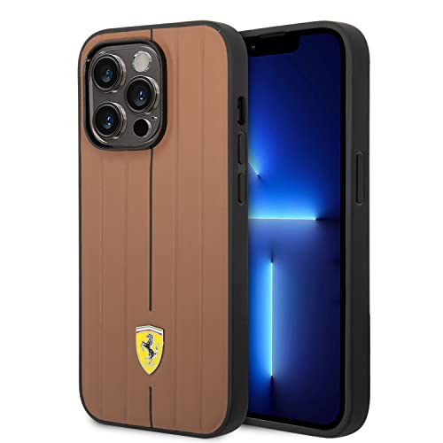 Coque iPhone 14 Pro Max Ferrari de luxe en cuir camel