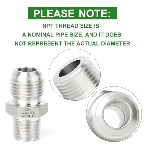 Image of TAISHER 2PCS Forging of 304 Stainless Steel JIC Flare Tube Fittings, 3 /4 inch JIC Male x 1 /2 inch NPT Male, Half Union