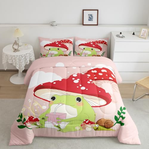 Feelyou Cute Frog Bedding Set Red Mushroom Comforter Set for Kids Boys Girls Kawaii Fungus Comforter Tropical Amphibian Inner Fill Duvet Set 1 Comforter Set with 2 Pillowcases Queen Size